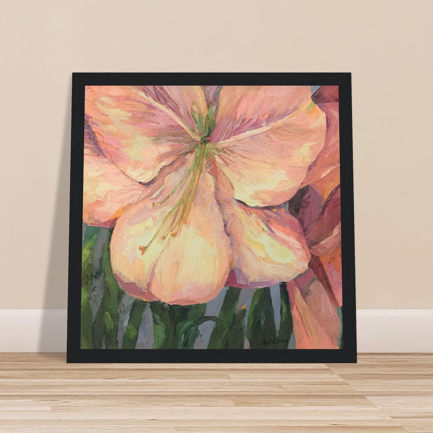 'Pink Amaryllis' Floral | 12x12 inch Wooden Framed Art Print | Original Artwork by American Artist Barbara Cleary