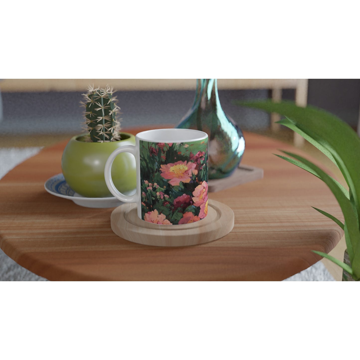11oz White Ceramic Mug | Coffee Cup with 'Pink Princess' Floral Artwork by American Artist Barbara Cleary