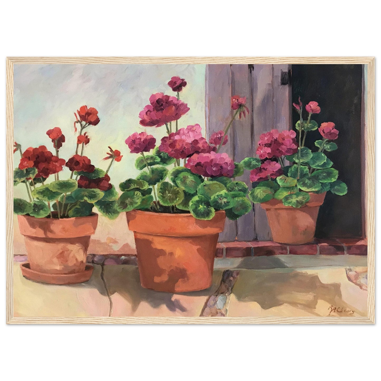 'Potted Red Geraniums Series 2'Red and Pink Floral | 20x28 inch Wooden Framed Art Print | Original Artwork by American Artist Barbara Cleary