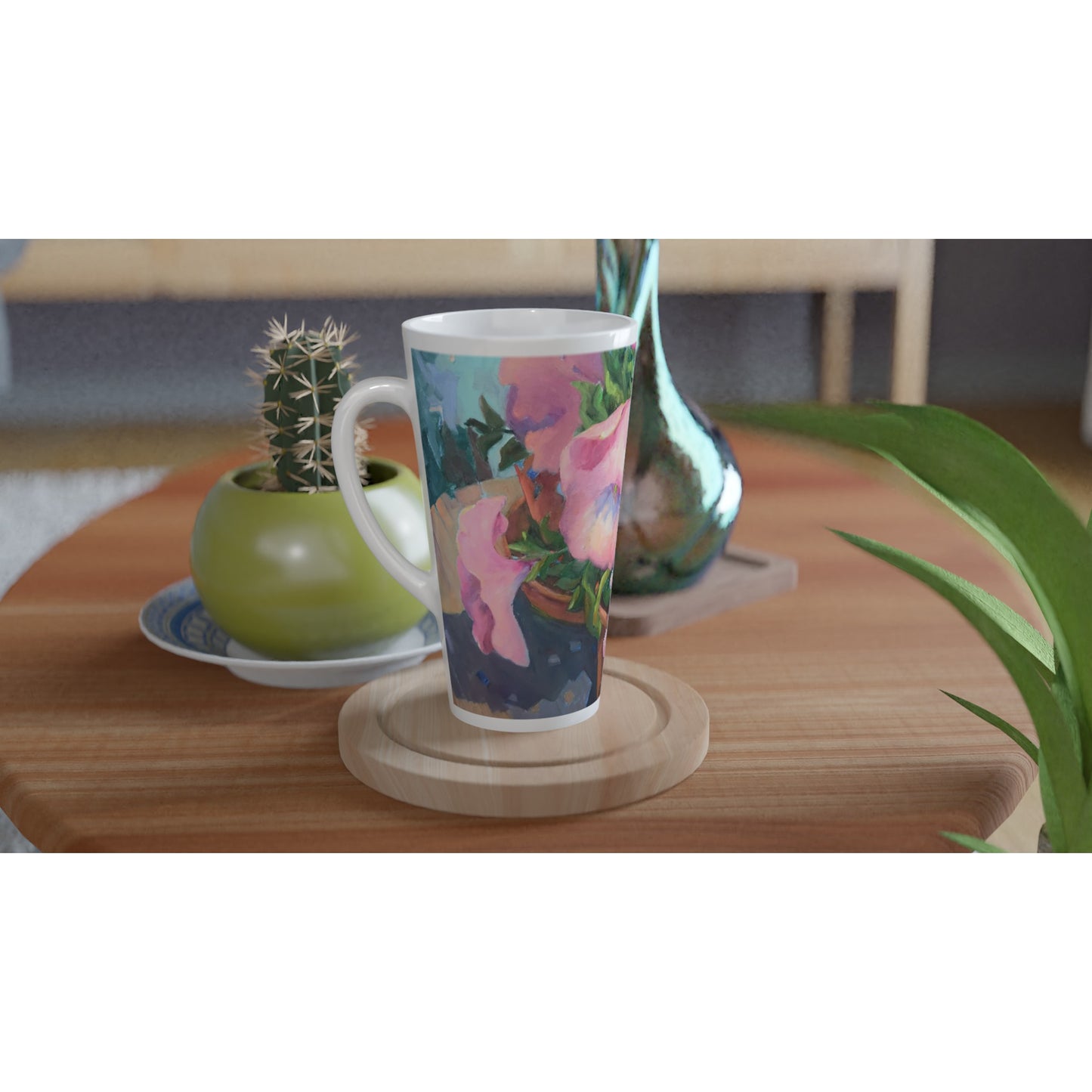 17oz White Ceramic Latte Mug | Coffee Cup with 'Pink Petals in Bloom' Floral Artwork by American Artist Barbara Cleary