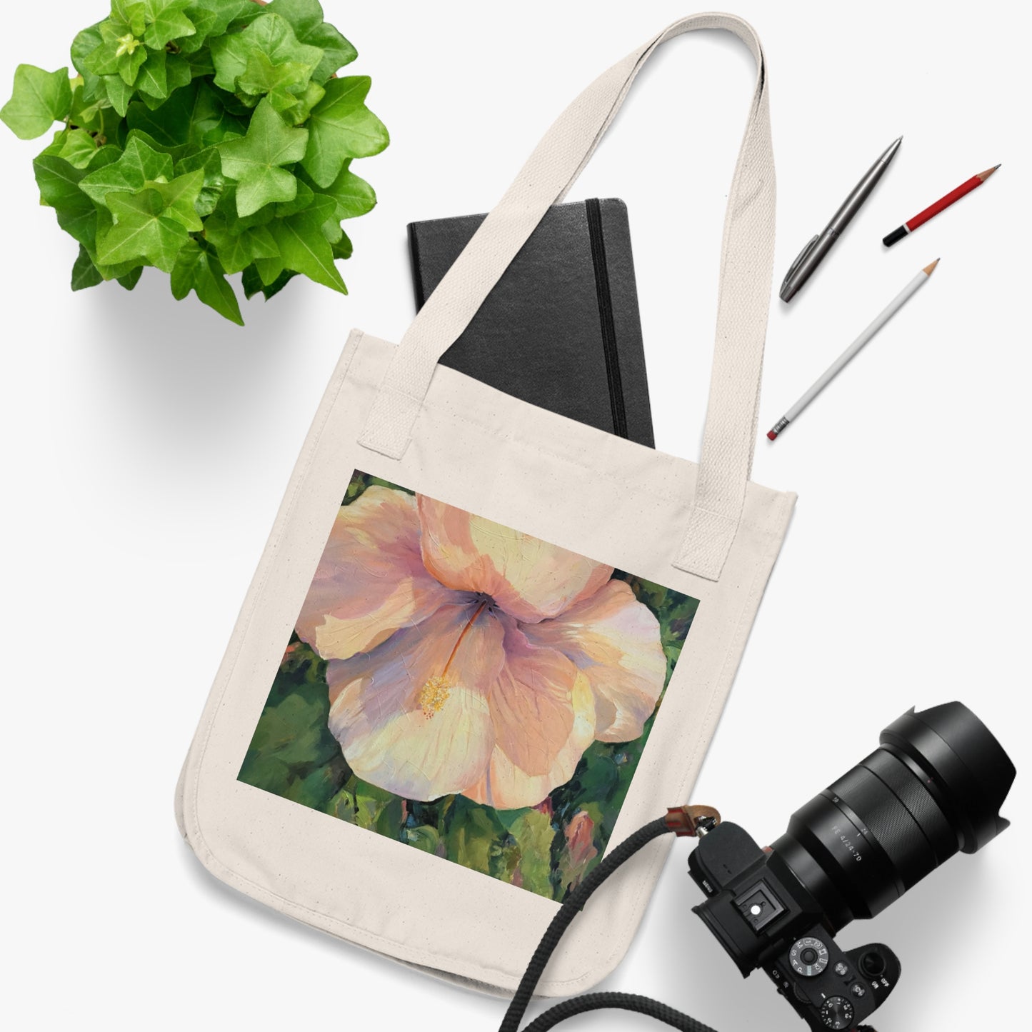 Organic Canvas Tote Bag with 'Hibiscus' I Original Artwork by American Artist Barbara Cleary