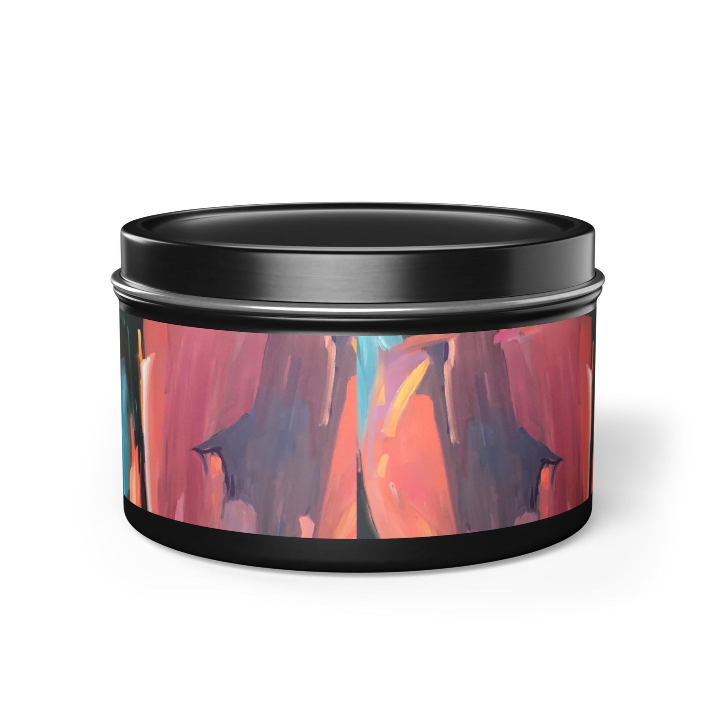 8oz Eco-Friendly Scented or Unscented Soy Wax Tin Candle with 'Colorscape' Abstract Artwork by American Artist Barbara Cleary