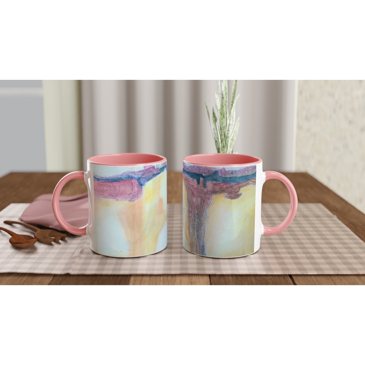11oz White Ceramic Mug with Color Inside | Coffee Cup with 'Southwest Mixed Media' Abstract Artwork by American Artist Barbara Cleary