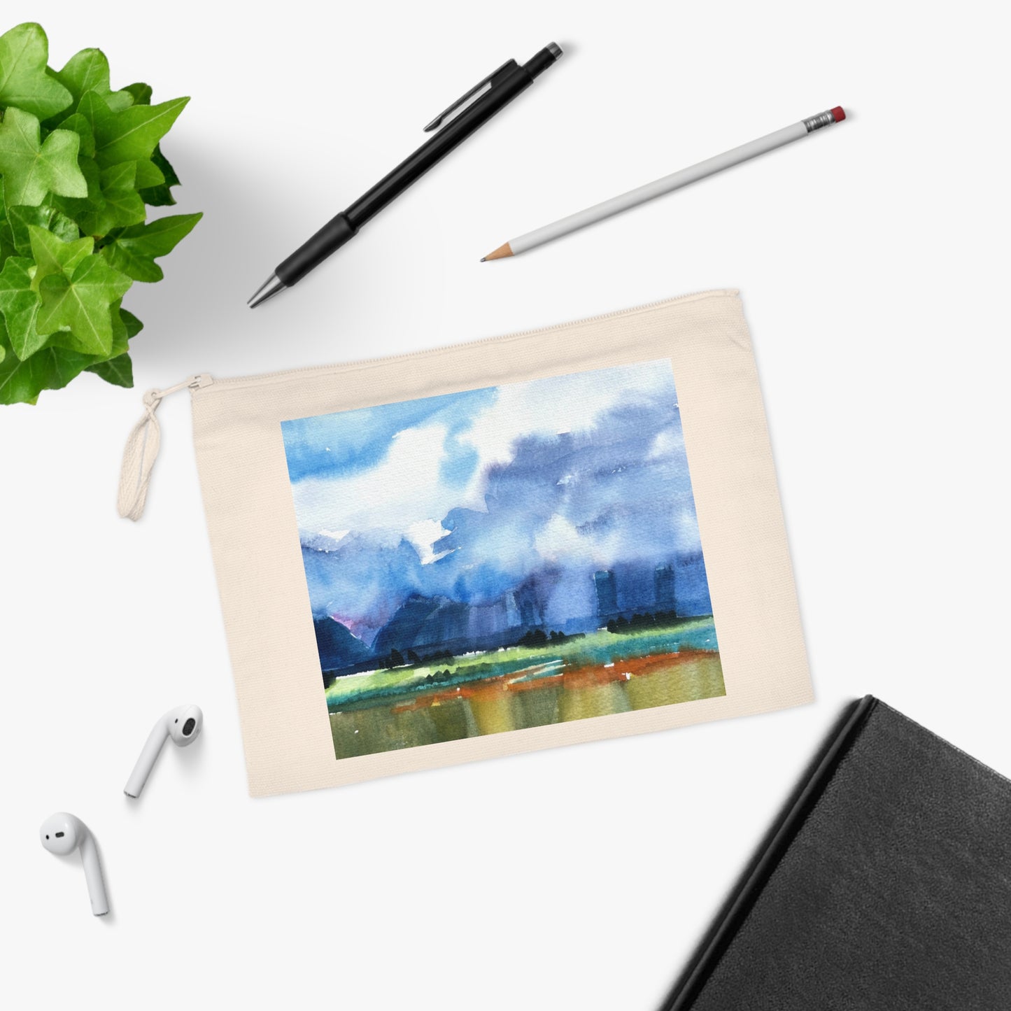 Eco-Friendly Pouch with 'Tranquil Mountain View 4' I Original Artwork by American Artist Barbara Cleary