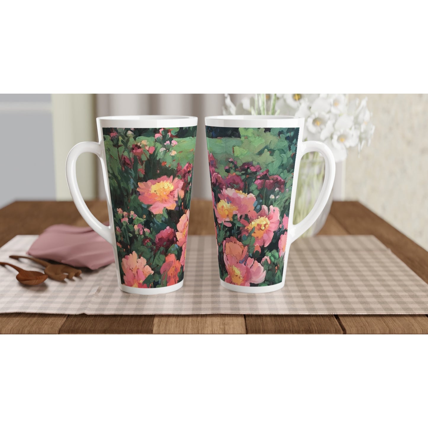 17oz White Ceramic Latte Mug | Coffee Cup with 'Pink Princess' Floral Artwork by American Artist Barbara Cleary