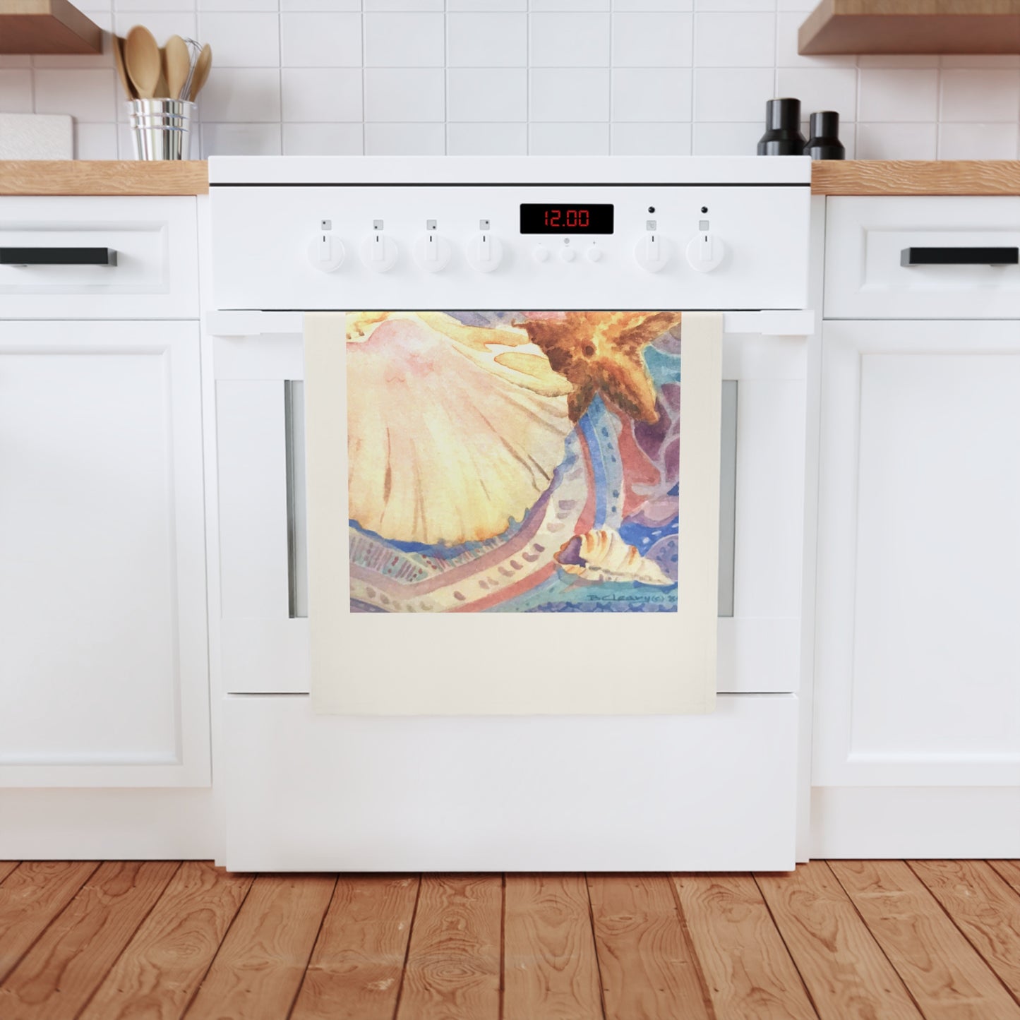 Organic Cotton Tea Towel Featuring 'Treasures of the Tide' Coastal Watercolor Painting by Barbara Cleary