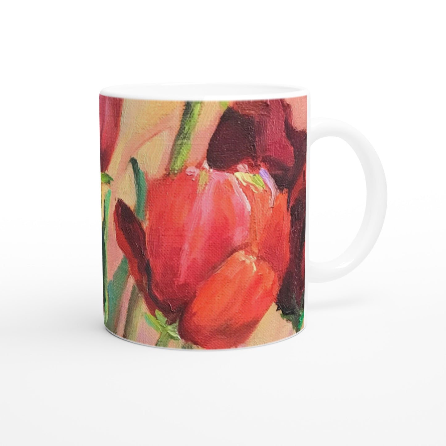 11oz White Ceramic Mug | Coffee Cup with 'Tulips' Floral Artwork by American Artist Barbara Cleary