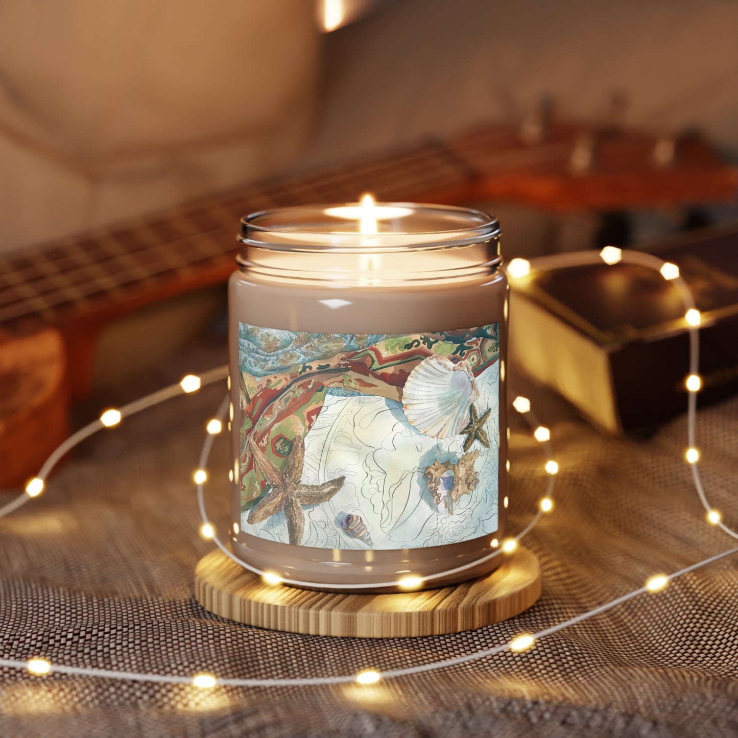 9oz Eco-Friendly Scented or Unscented Soy Wax Candle Jar with 'Shells' Coastal Artwork by American Artist Barbara Cleary