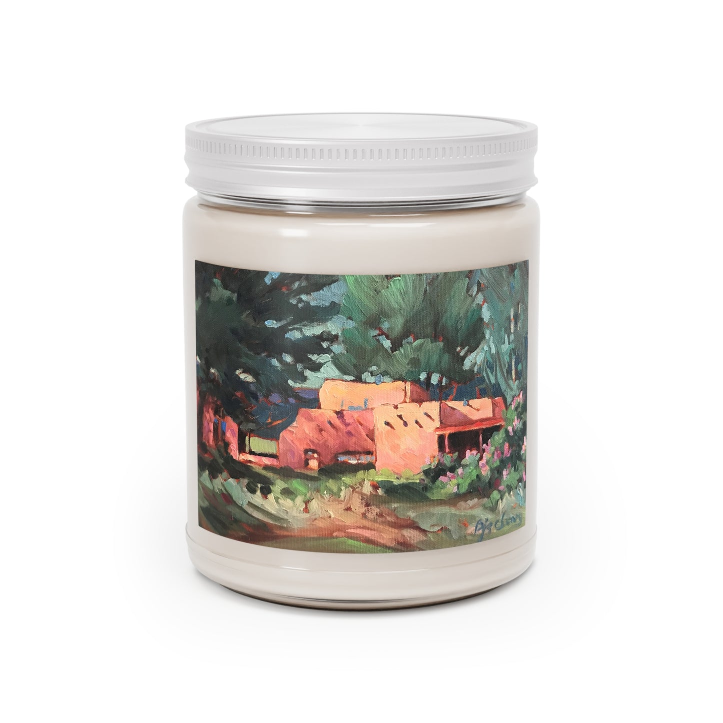 9oz Eco-Friendly Scented or Unscented Soy Wax Candle Jar with 'Spring in Taos' Southwestern Artwork by American Artist Barbara Cleary