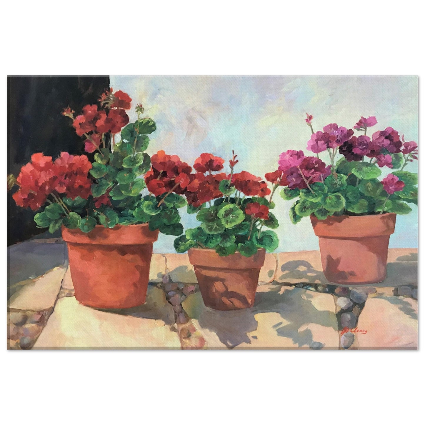 'Potted Red Geraniums Series 1' Floral I 12x18 inch Art Print on Canvas I Original Artwork by American Artist Barbara Cleary