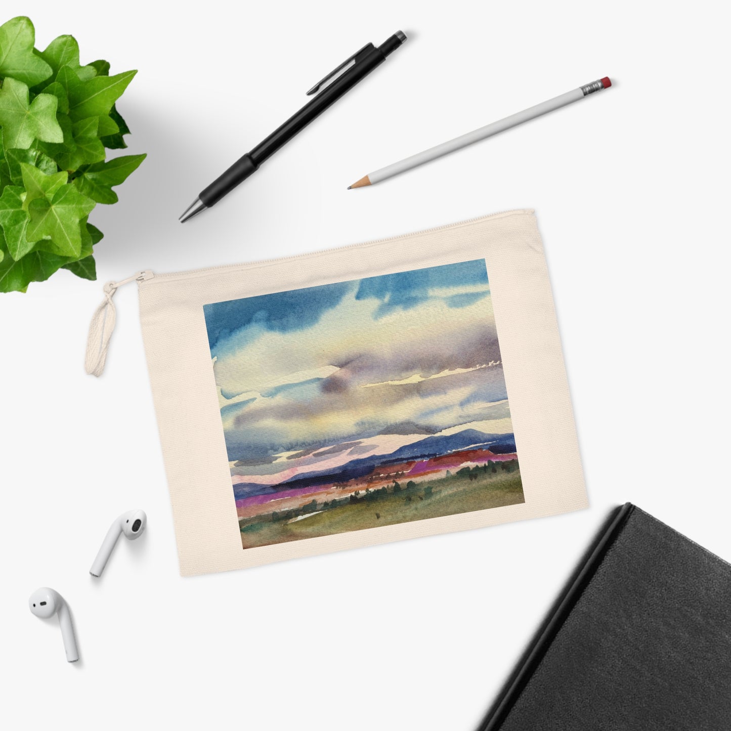 Eco-Friendly Pouch with 'Tranquil Mountain View 1' I Original Artwork by American Artist Barbara Cleary