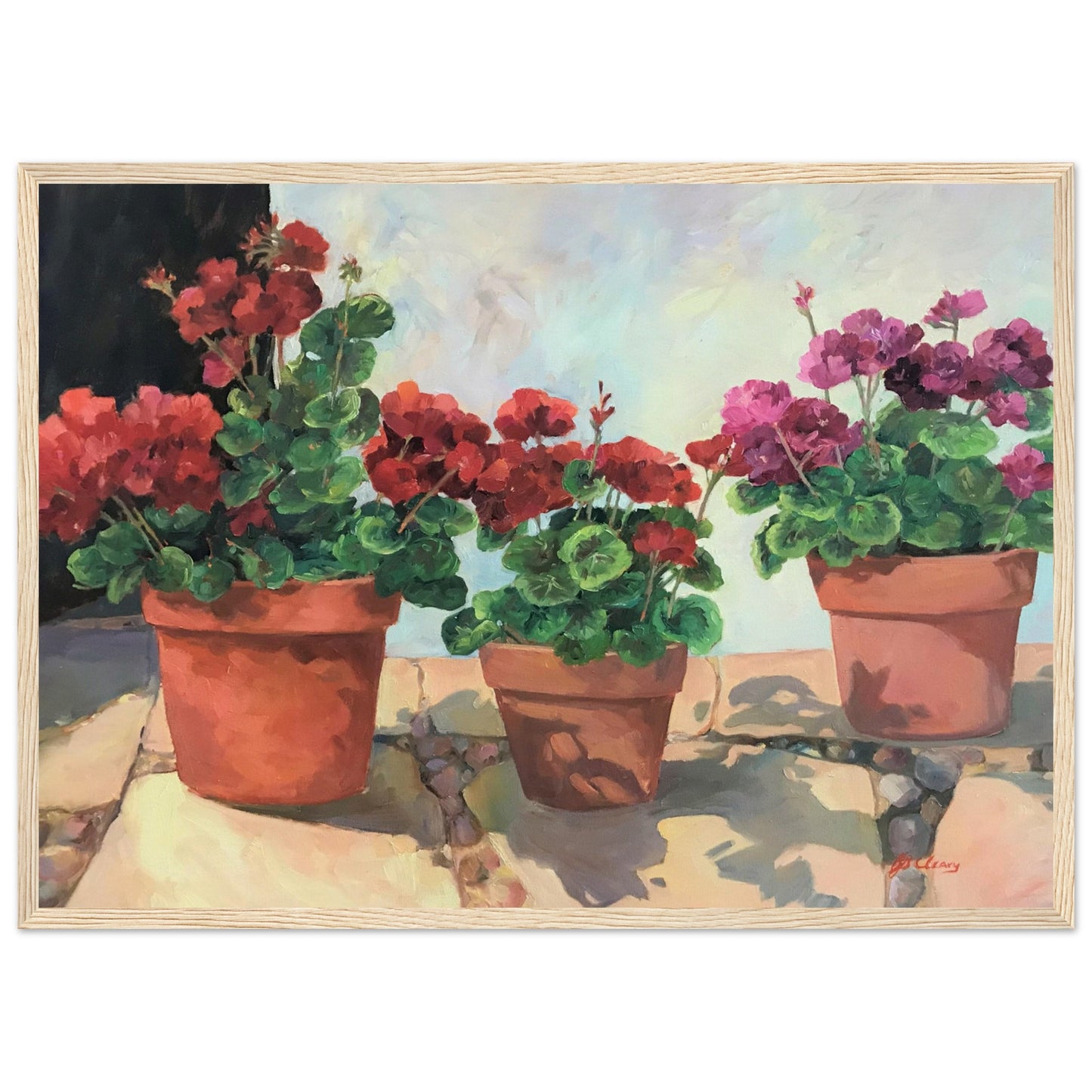 'Potted Red Geraniums Series 1' Red and Pink Floral | 20x28 inch Wooden Framed Art Print | Original Artwork by American Artist Barbara Cleary