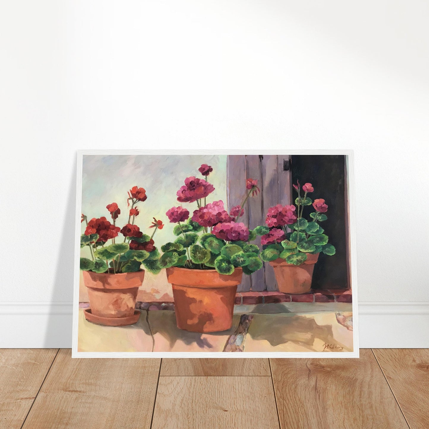 'Potted Red Geraniums Series 2'Red and Pink Floral | 20x28 inch Wooden Framed Art Print | Original Artwork by American Artist Barbara Cleary