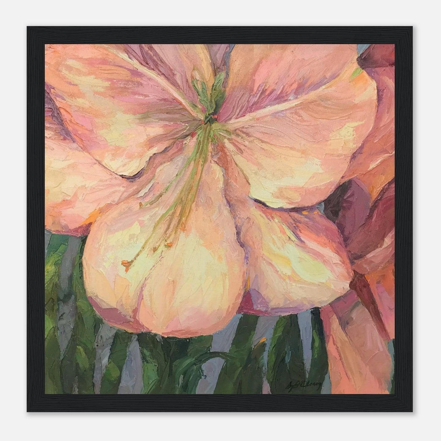 'Pink Amaryllis' Floral | 12x12 inch Wooden Framed Art Print | Original Artwork by American Artist Barbara Cleary