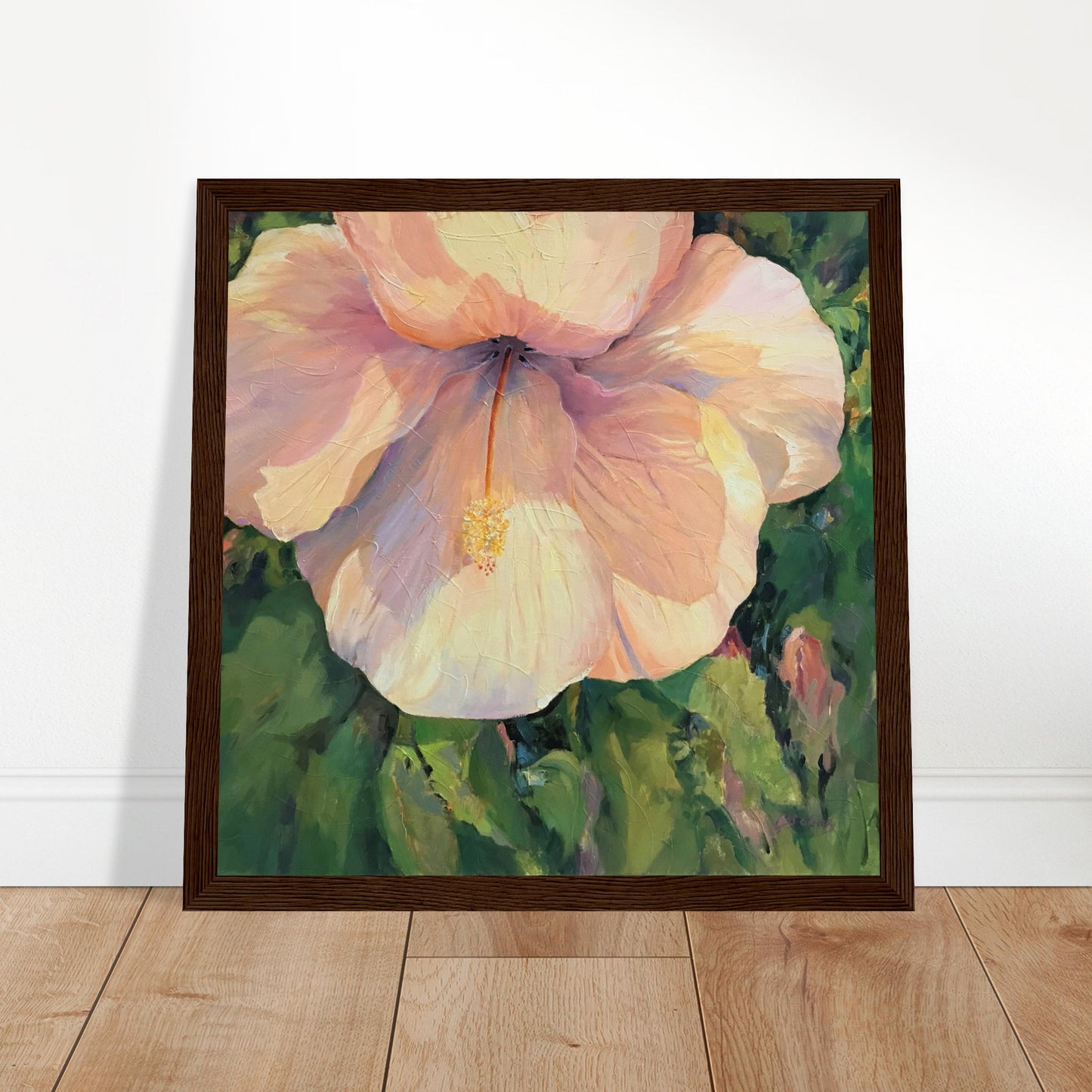 'Pink Hibiscus' Floral | 12x12 inch Wooden Framed Art Print | Original Artwork by American Artist Barbara Cleary