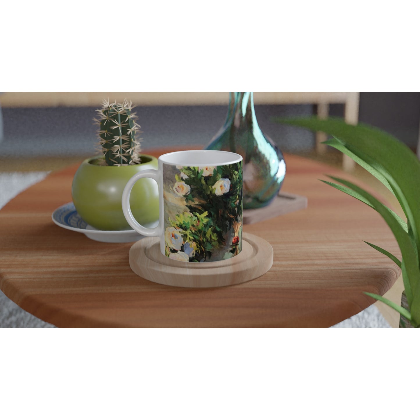 11oz White Ceramic Mug | Coffee Cup with 'Vining White Roses' Artwork by American Artist Barbara Cleary