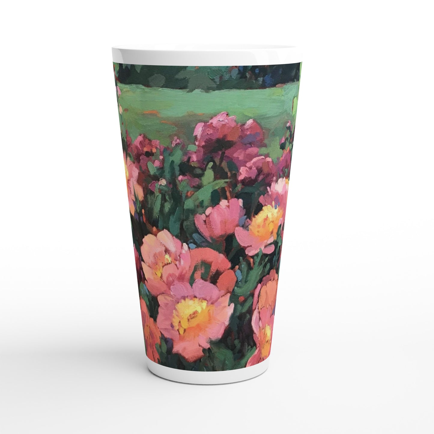 17oz White Ceramic Latte Mug | Coffee Cup with 'Pink Princess' Floral Artwork by American Artist Barbara Cleary