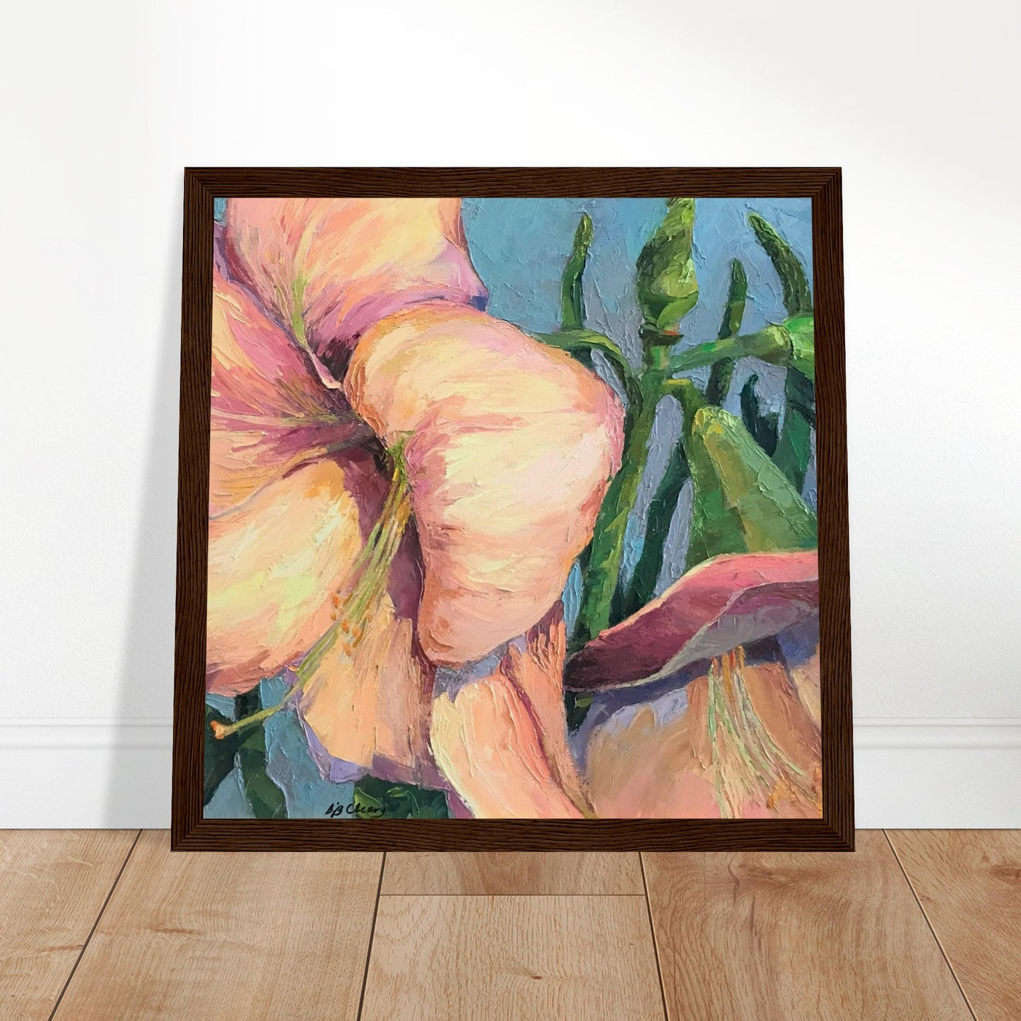 'Pink Amaryllis 2' Floral | 12x12 inch Wooden Framed Art Print | Original Artwork by American Artist Barbara Cleary