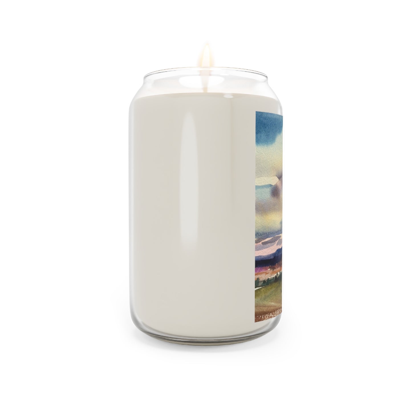13.75oz Eco-Friendly Scented or Unscented Soy Wax Candle Jar with 'Tranquil Mountain View 1' Landscape Watercolor Artwork by American Artist Barbara Cleary