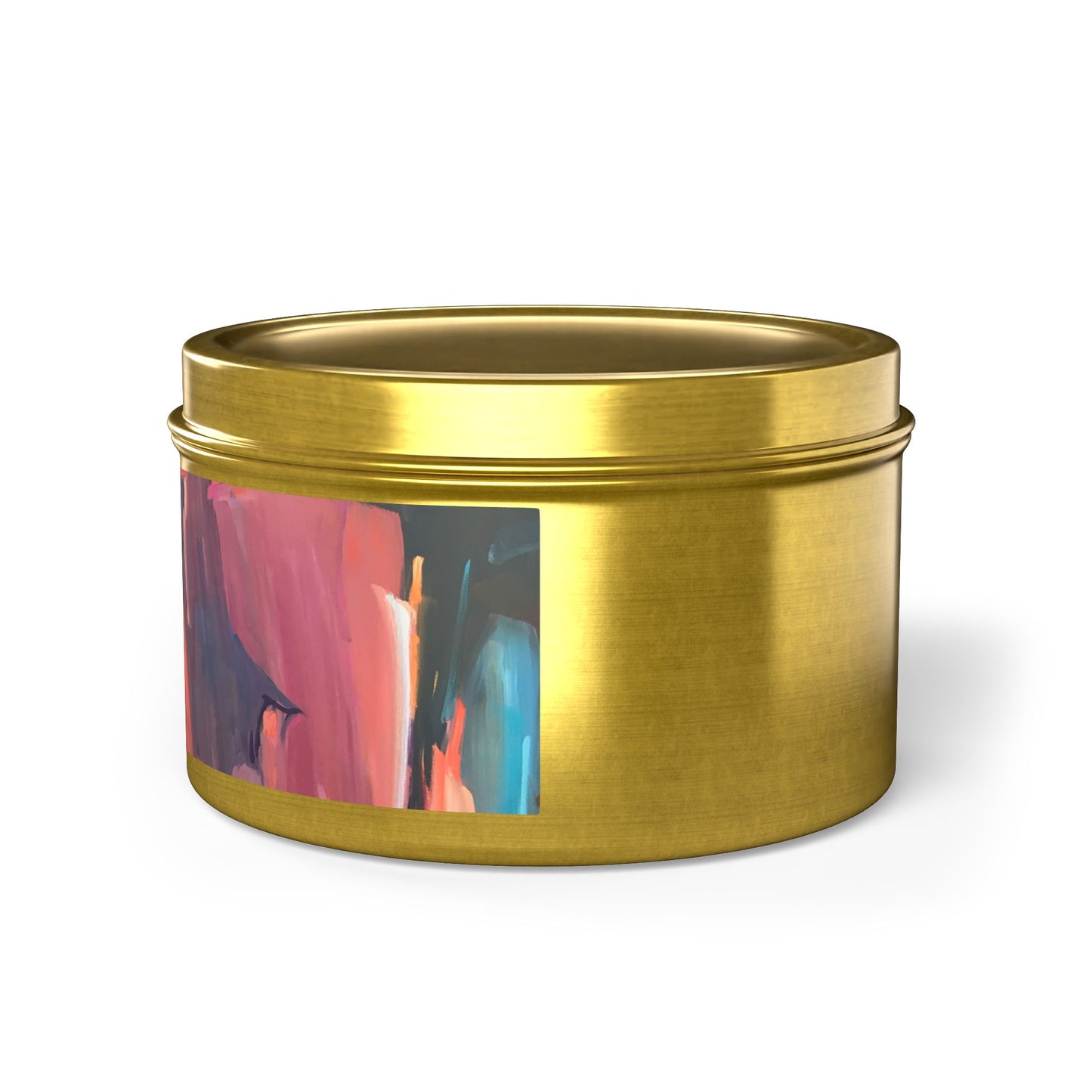 8oz Eco-Friendly Scented or Unscented Soy Wax Tin Candle with 'Colorscape' Abstract Artwork by American Artist Barbara Cleary
