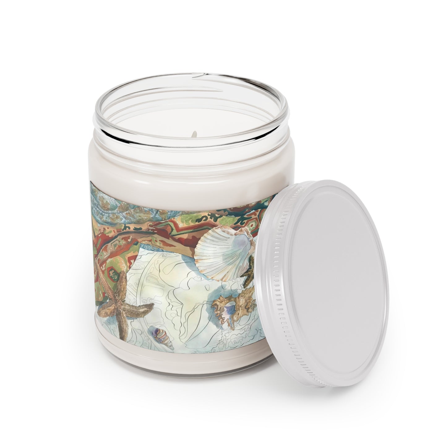 9oz Eco-Friendly Scented or Unscented Soy Wax Candle Jar with 'Shells' Coastal Artwork by American Artist Barbara Cleary