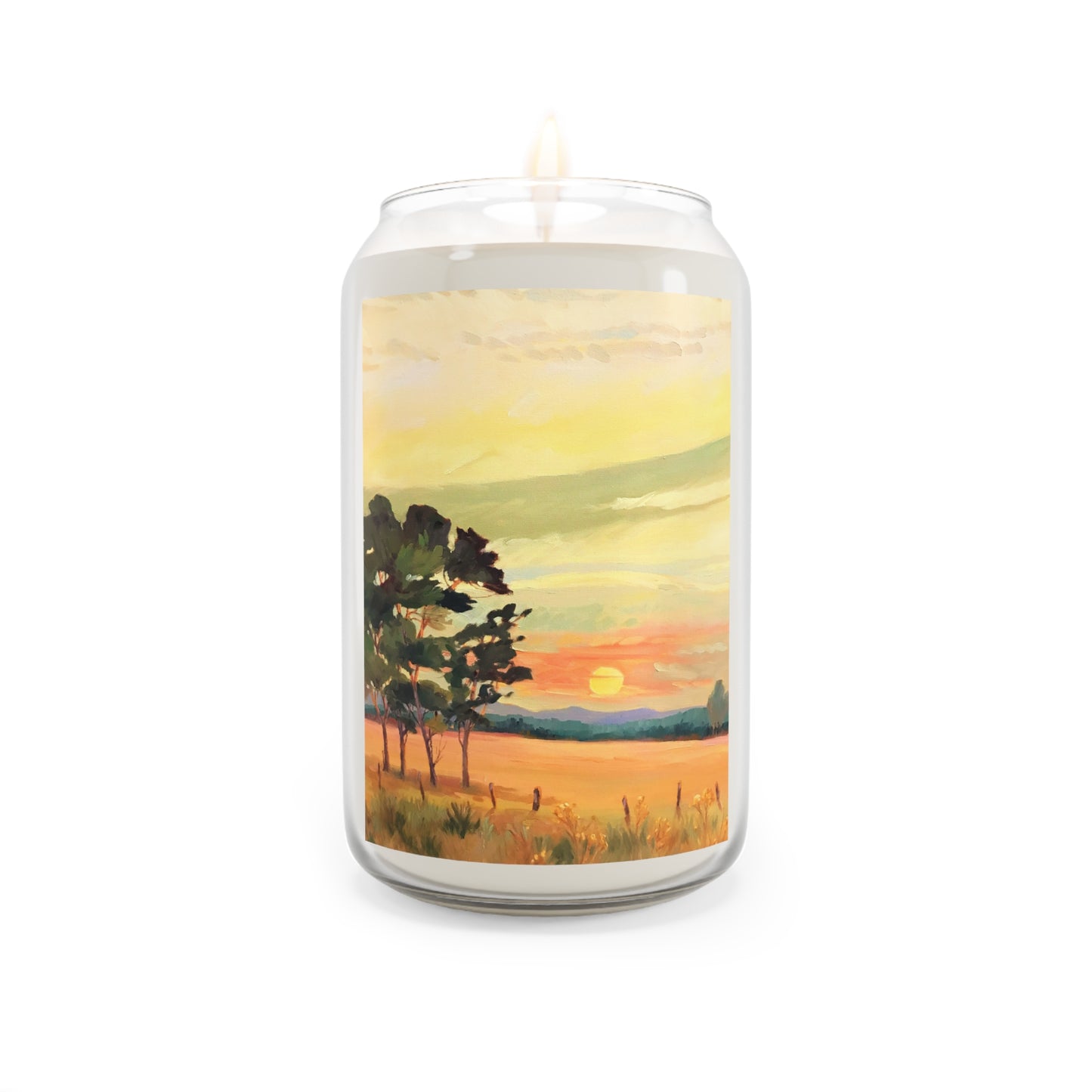 13.75oz Eco-Friendly Scented or Unscented Soy Wax Candle Jar with 'Sunsrise' Landscape Artwork by American Artist Barbara Cleary