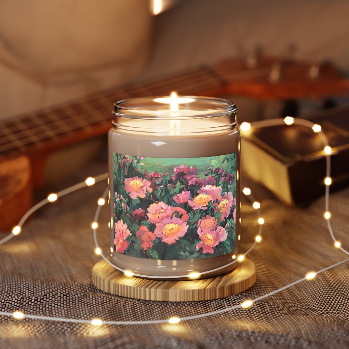 9oz Eco-Friendly Scented or Unscented Soy Wax Candle Jar with 'Pink Princess' Floral Artwork by American Artist Barbara Cleary