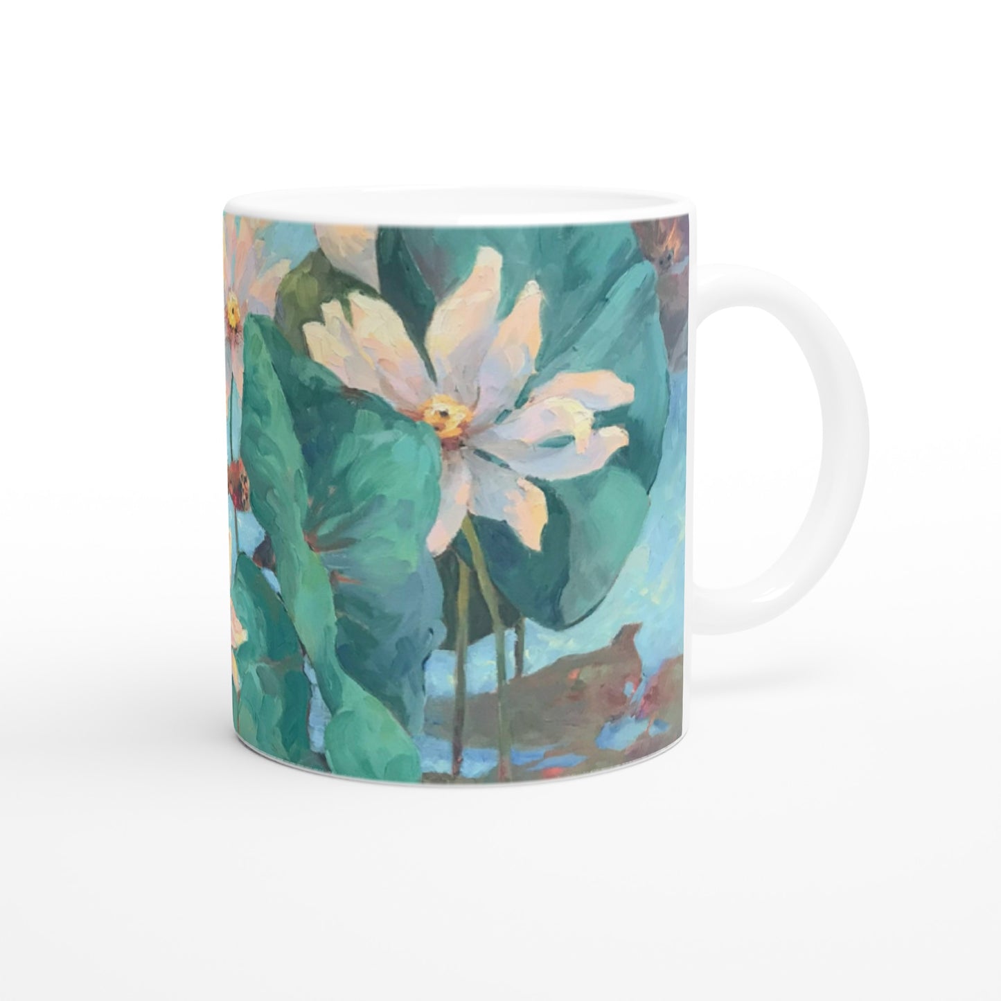 11oz White Ceramic Mug | Coffee Cup with 'Lily Pads' Floral Artwork by American Artist Barbara Cleary