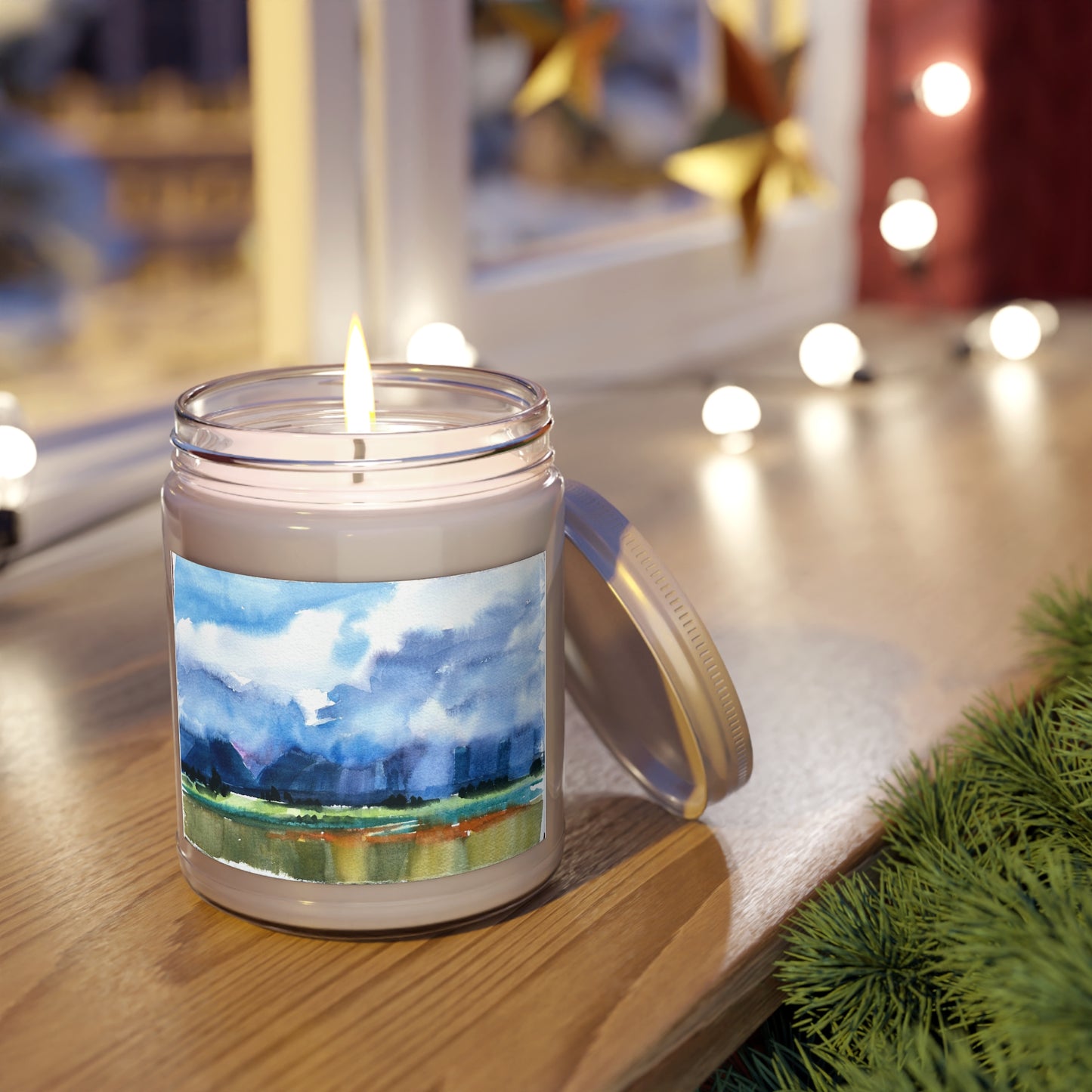 9oz Eco-Friendly Scented or Unscented Soy Wax Candle Jar with 'Tranquil Mountain View 4' Artwork by American Artist Barbara Cleary