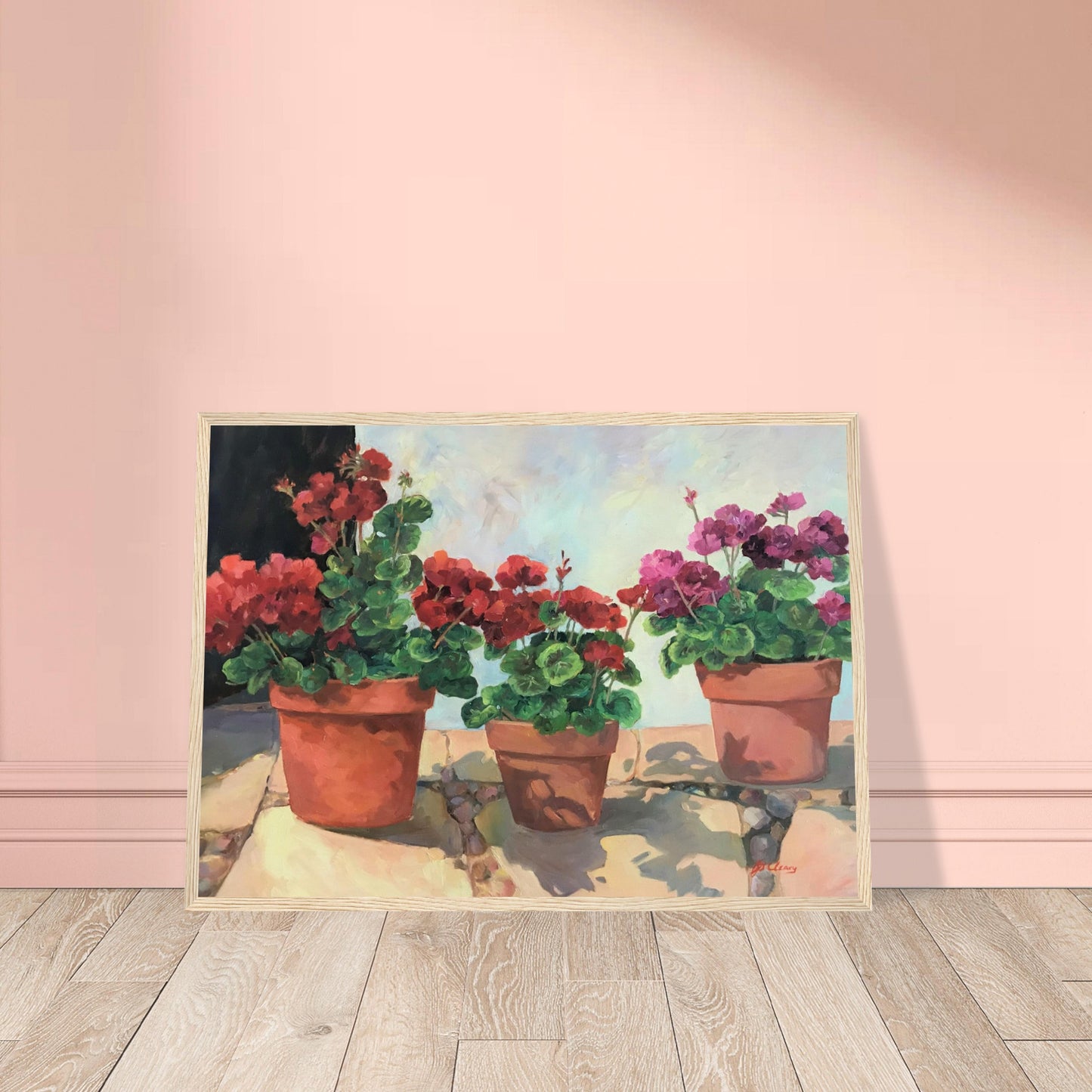 'Potted Red Geraniums Series 1' Red and Pink Floral | 20x28 inch Wooden Framed Art Print | Original Artwork by American Artist Barbara Cleary