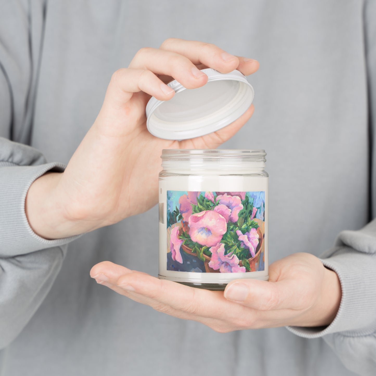 9oz Eco-Friendly Scented or Unscented Soy Wax Candle Jar with 'Pink Petals in Bloom' Artwork by American Artist Barbara Cleary
