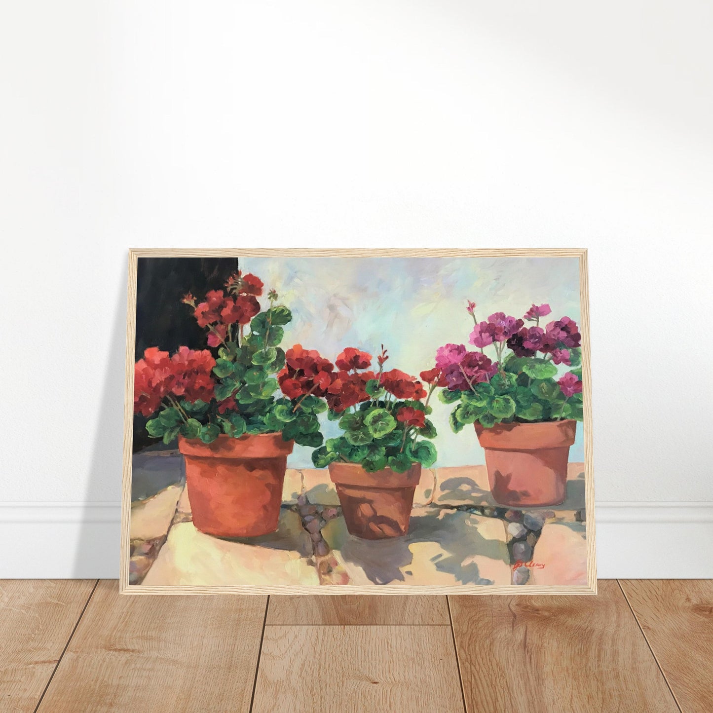 'Potted Red Geraniums Series 1' Red and Pink Floral | 20x28 inch Wooden Framed Art Print | Original Artwork by American Artist Barbara Cleary