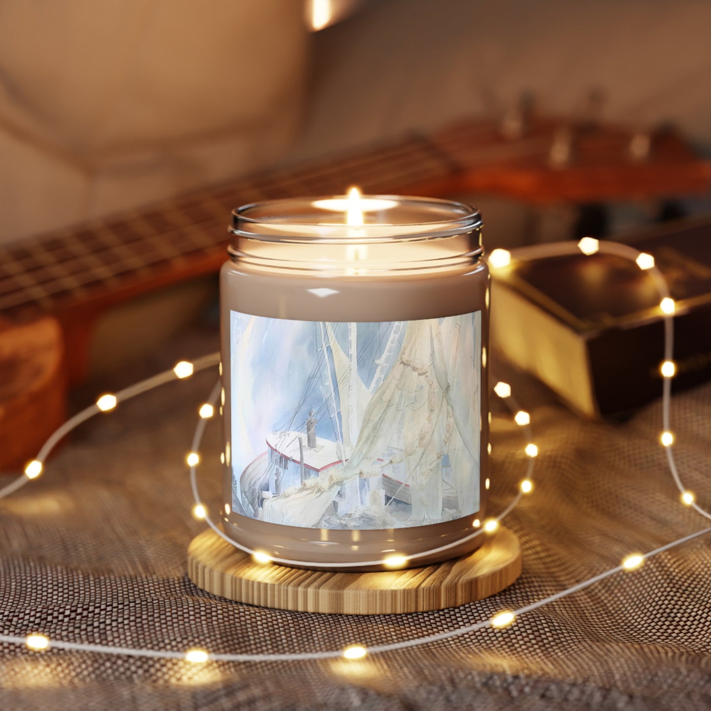 9oz Eco-Friendly Scented or Unscented Soy Wax Candle Jar with 'Sailboat' Coastal Artwork by American Artist Barbara Cleary