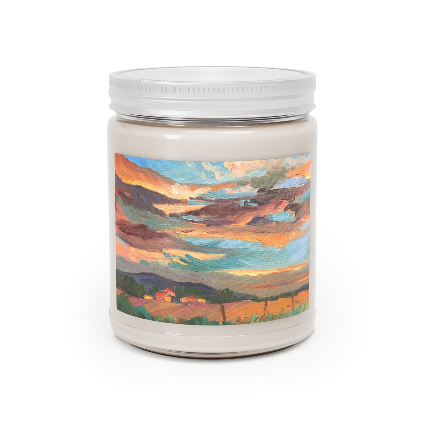 9oz Eco-Friendly Scented or Unscented Soy Wax Candle Jar with 'Fall Sky' Artwork by American Artist Barbara Cleary (Fall Collection)