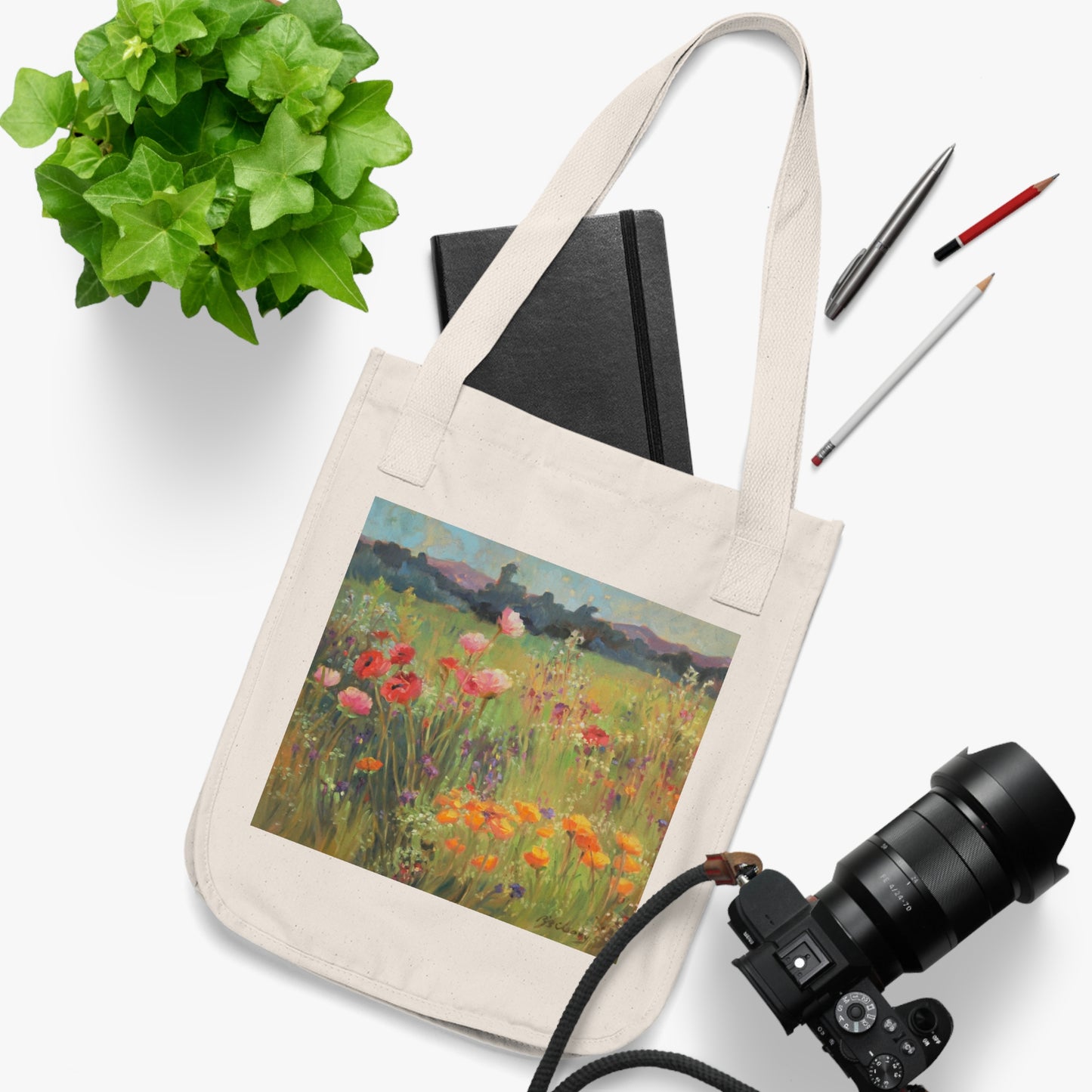 Organic Canvas Tote Bag with 'Field of Poppies' I Original Artwork by American Artist Barbara Cleary