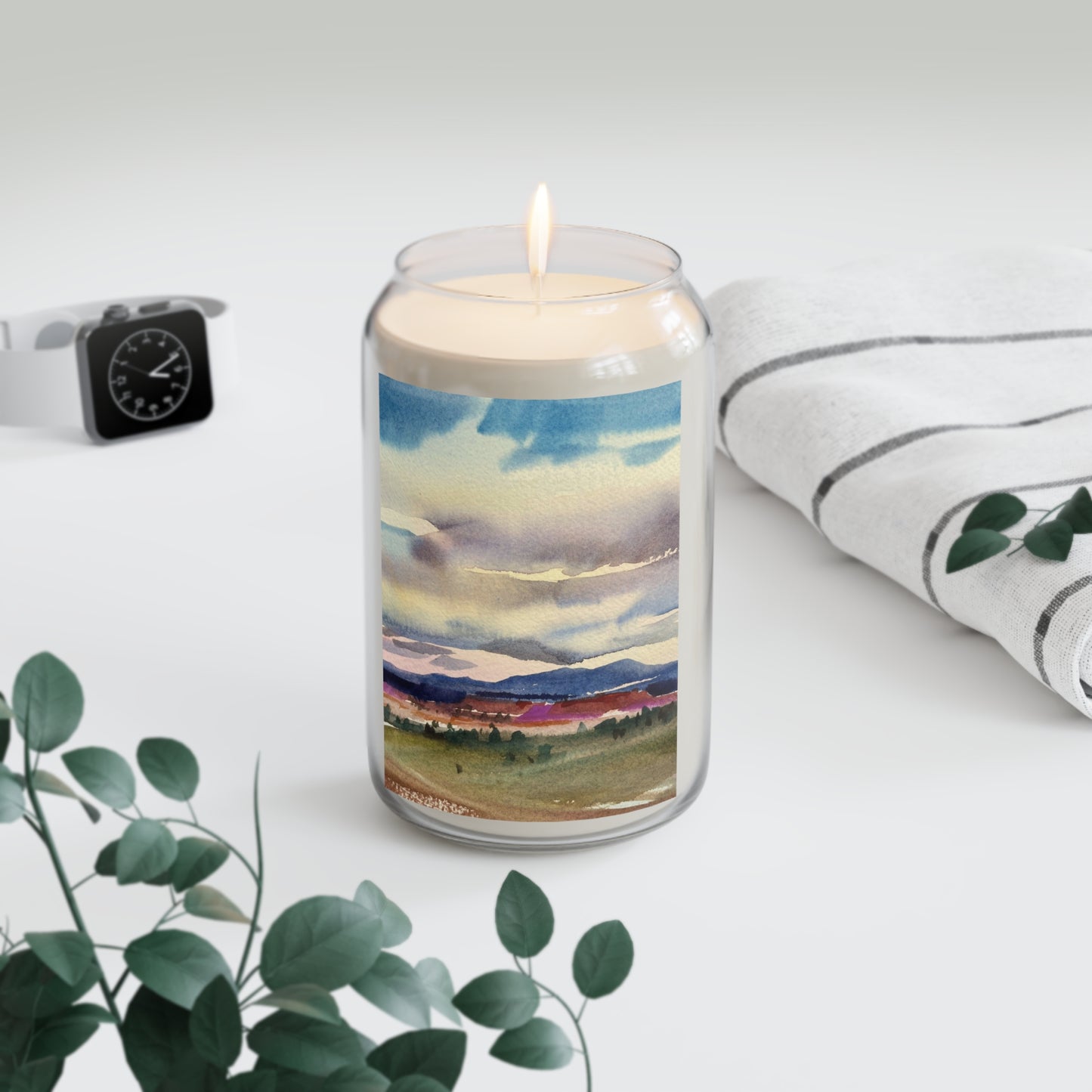 13.75oz Eco-Friendly Scented or Unscented Soy Wax Candle Jar with 'Tranquil Mountain View 1' Landscape Watercolor Artwork by American Artist Barbara Cleary