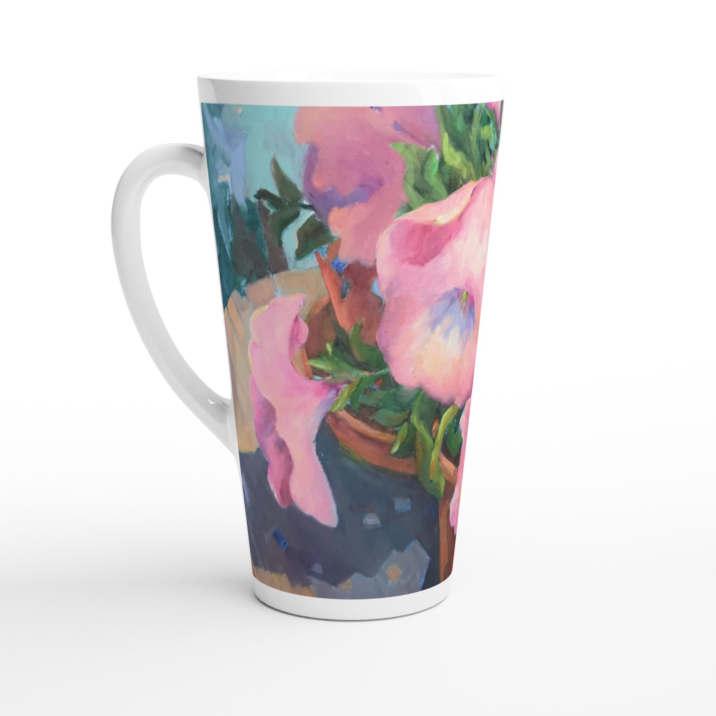 17oz White Ceramic Latte Mug | Coffee Cup with 'Pink Petals in Bloom' Floral Artwork by American Artist Barbara Cleary