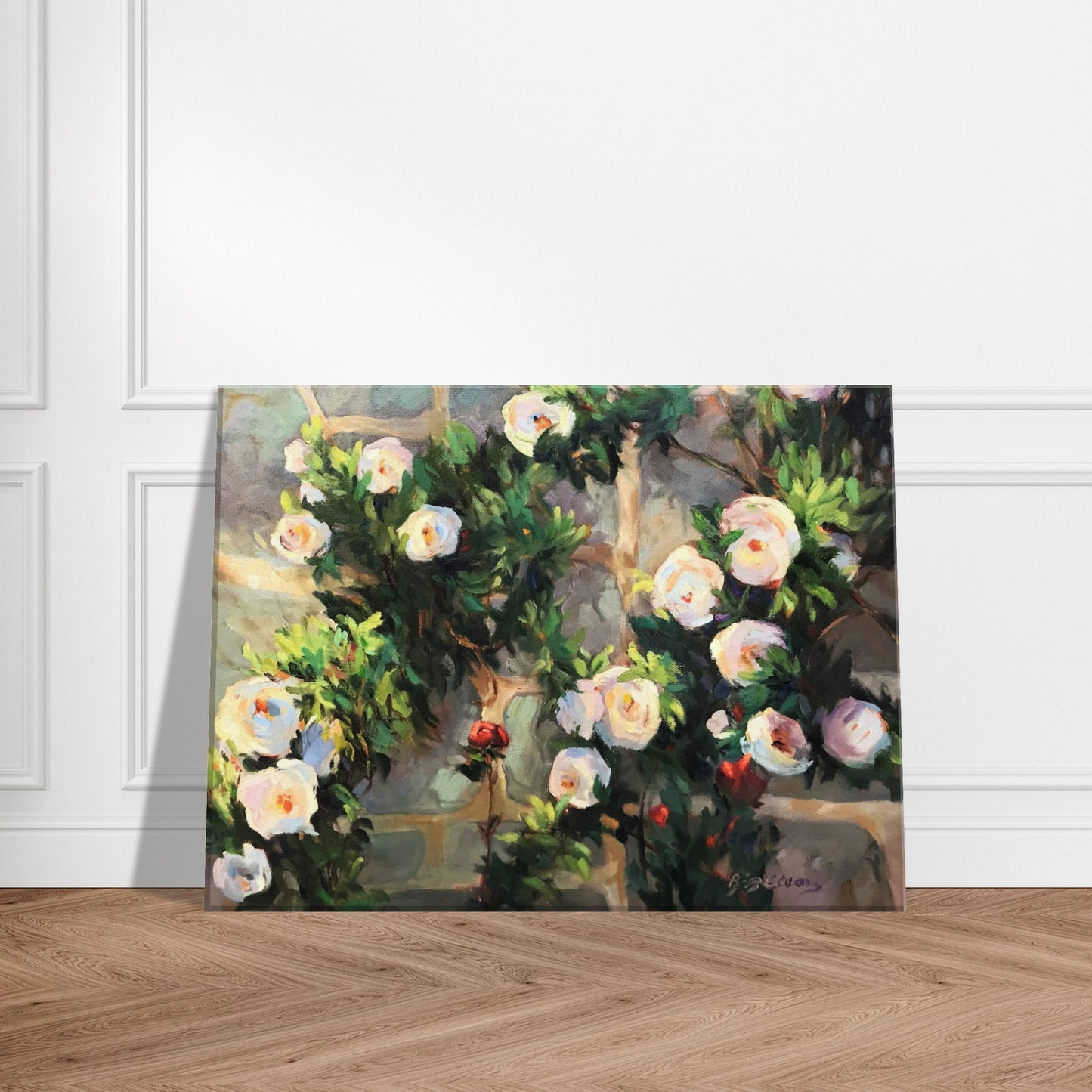 'Vining White Roses' Floral I 12x16 inch Art Print on Canvas I Original Artwork by American Artist Barbara Cleary