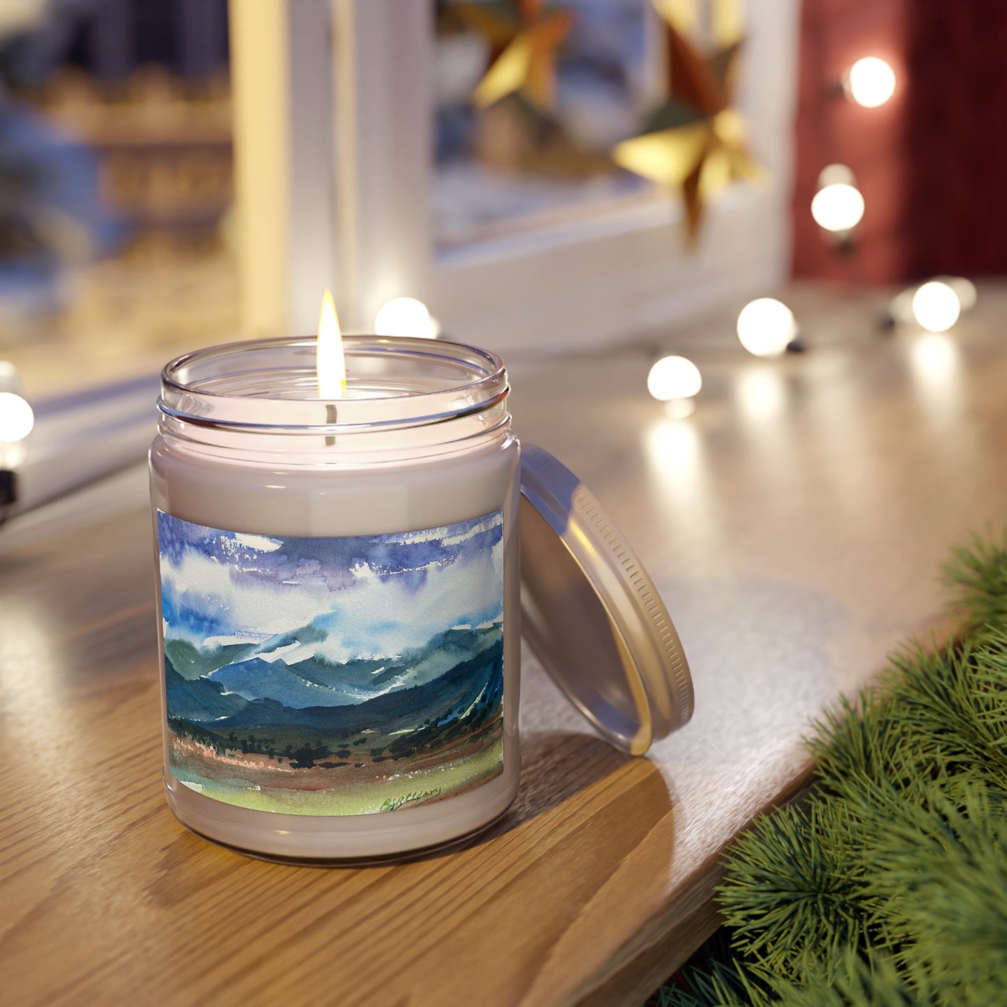 9oz Eco-Friendly Scented or Unscented Soy Wax Candle Jar with 'Tranquil Mountain View 3' Artwork by American Artist Barbara Cleary
