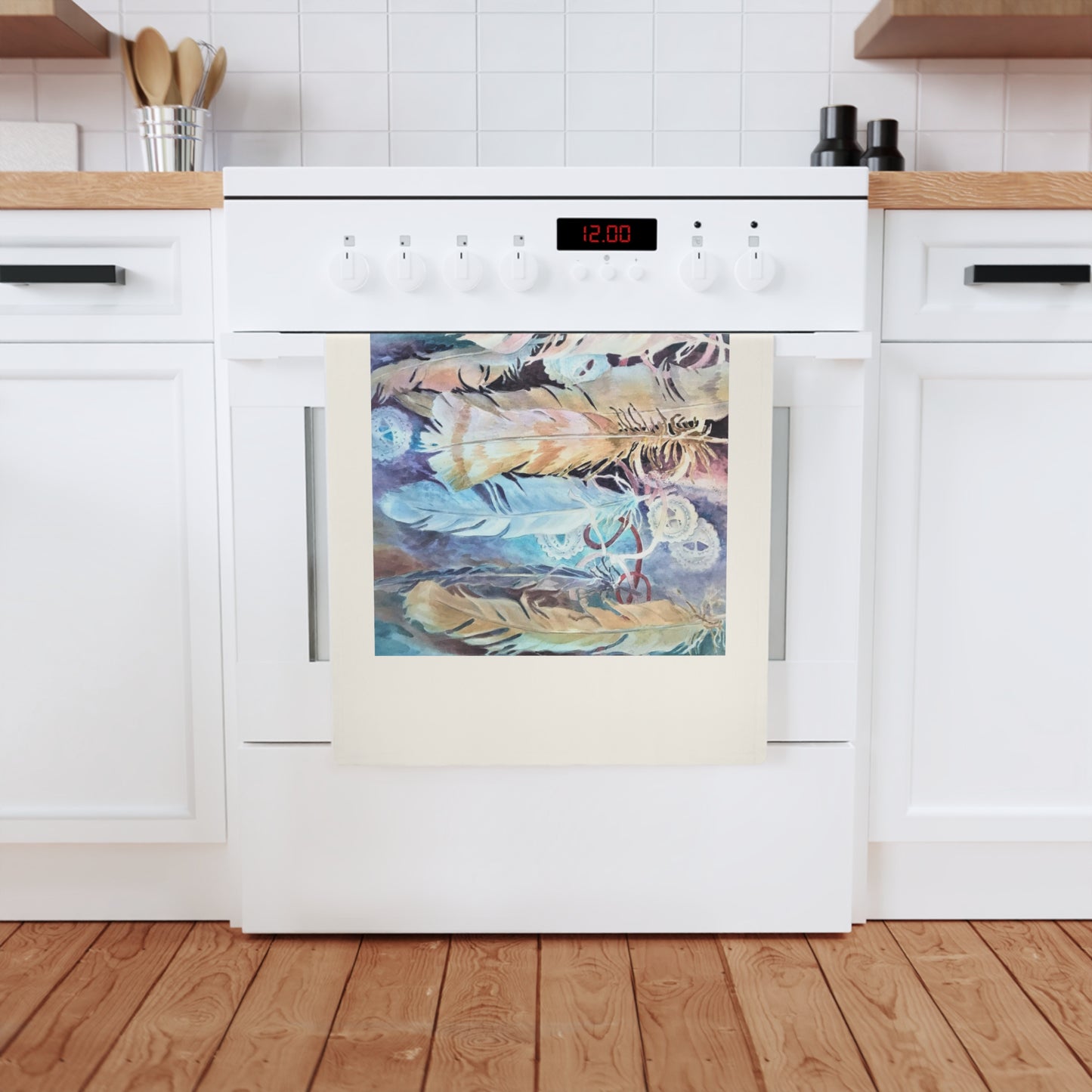 'Conchos Feathers' Organic Cotton Tea Towel I Original Artwork by American Artist Barbara Cleary | Barbara Cleary Designs