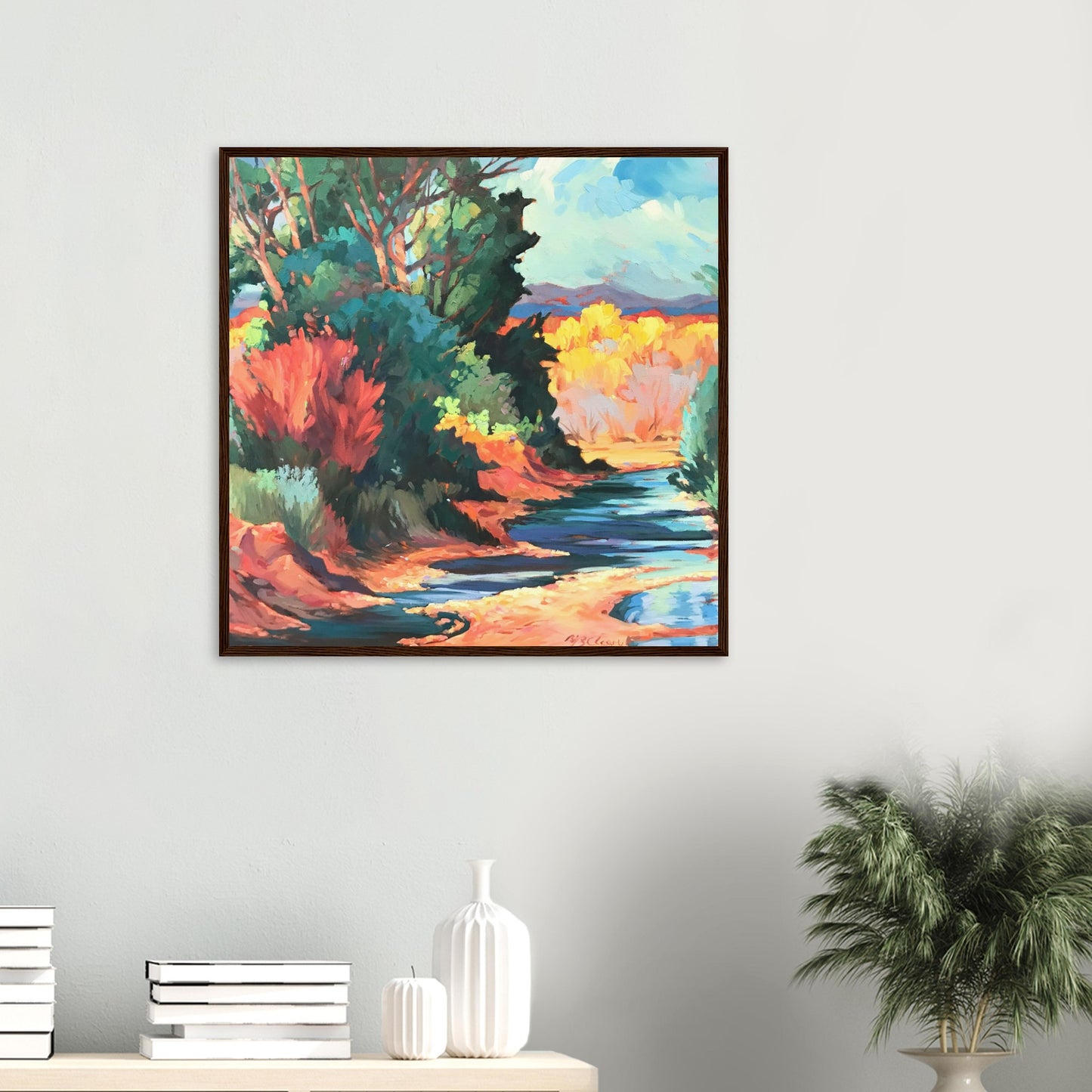 ‘Rio Pueblo’ Landscape | 28x28 Wooden Framed Art Print | Original Artwork by American Artist Barbara Cleary