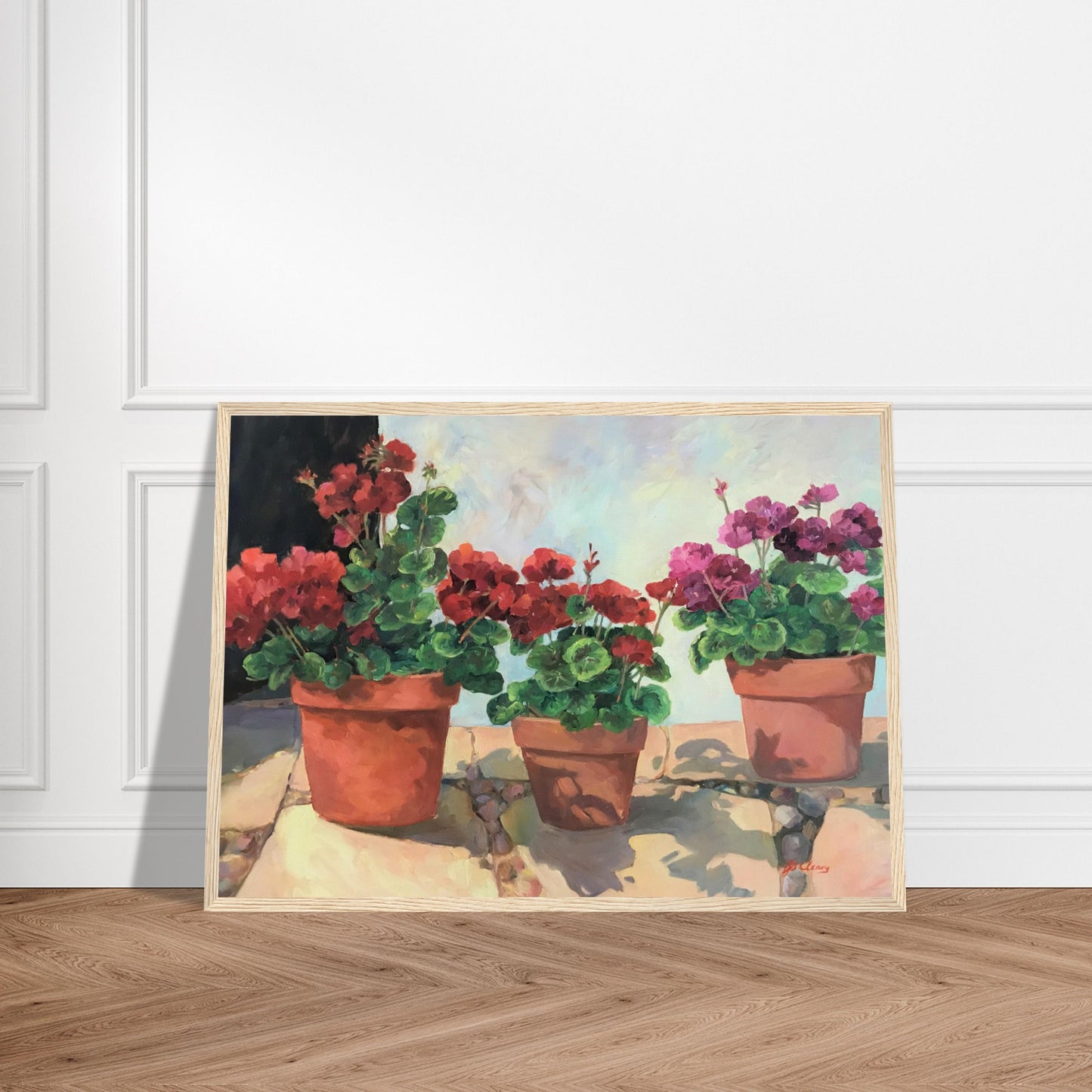 'Potted Red Geraniums Series 1' Red and Pink Floral | 20x28 inch Wooden Framed Art Print | Original Artwork by American Artist Barbara Cleary