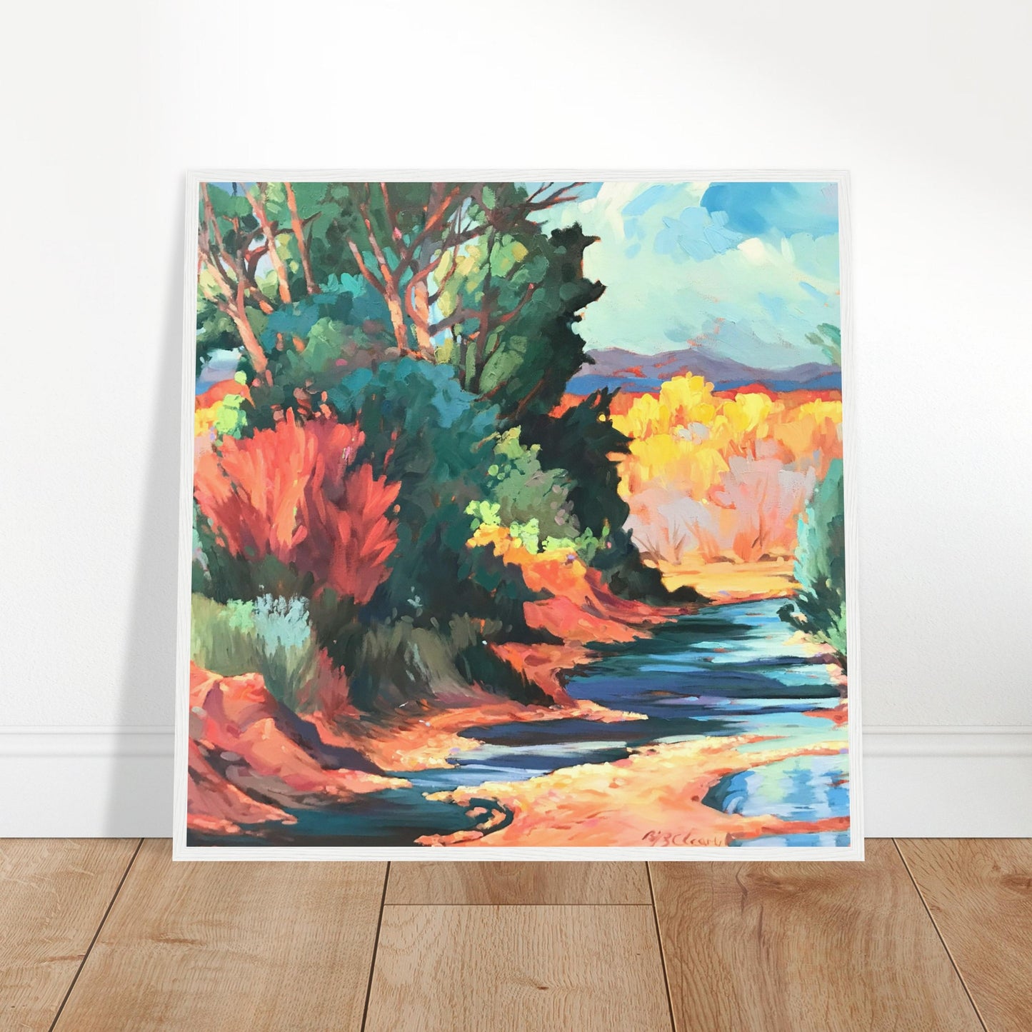 ‘Rio Pueblo’ Landscape | 28x28 Wooden Framed Art Print | Original Artwork by American Artist Barbara Cleary