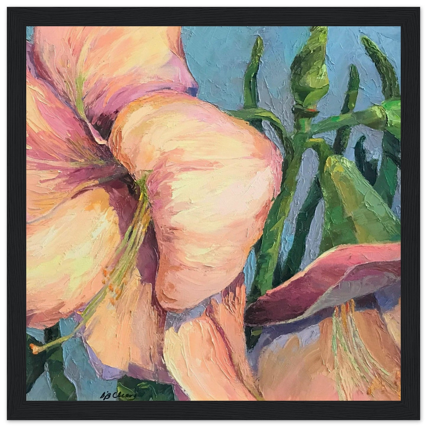'Pink Amaryllis 2' Floral | 12x12 inch Wooden Framed Art Print | Original Artwork by American Artist Barbara Cleary