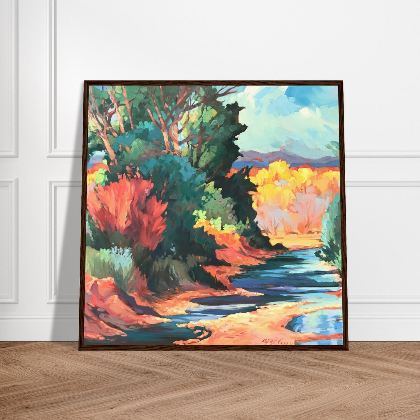 ‘Rio Pueblo’ Landscape | 28x28 Wooden Framed Art Print | Original Artwork by American Artist Barbara Cleary