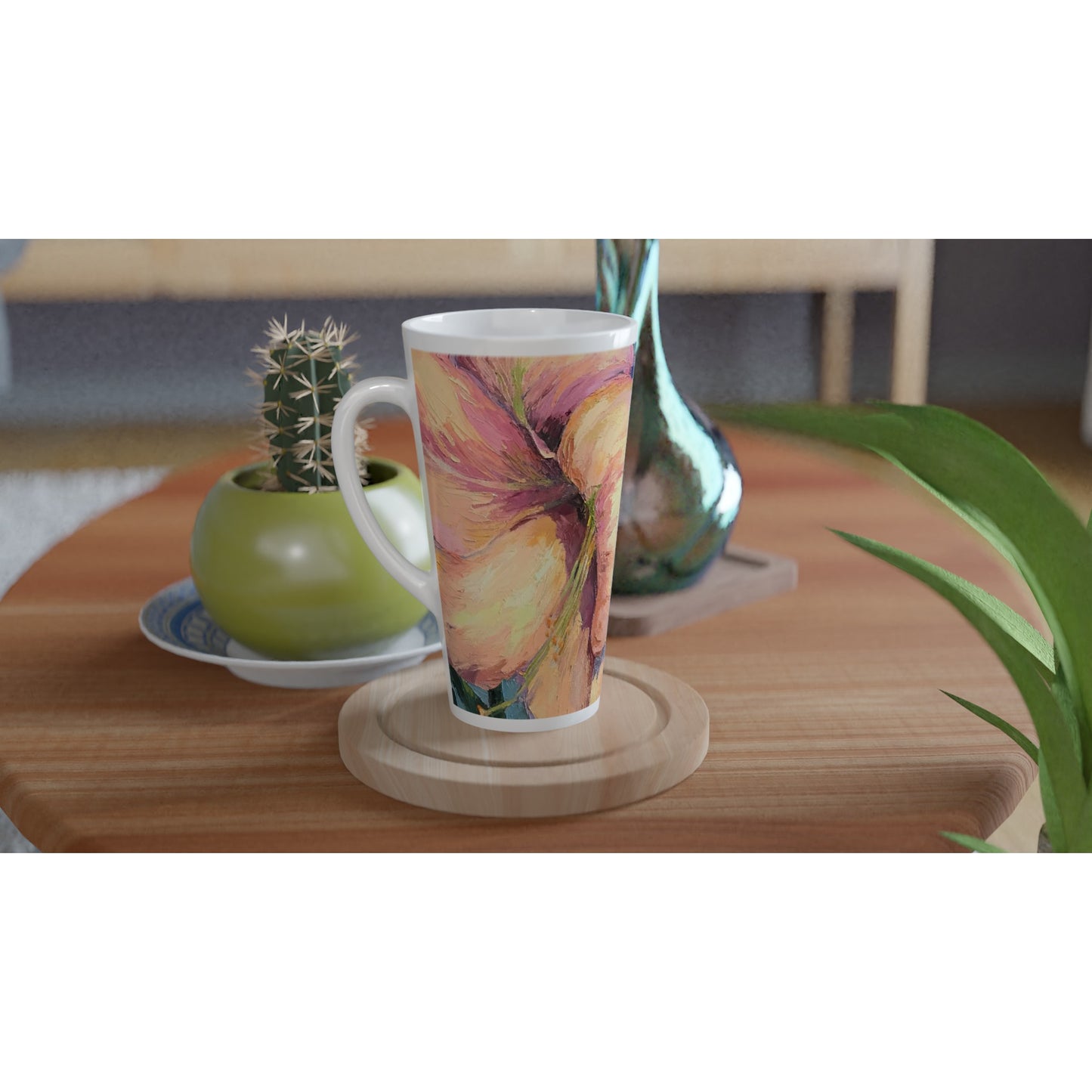17oz White Ceramic Latte Mug | Coffee Cup with 'Amaryllis 2' Floral Artwork by American Artist Barbara Cleary