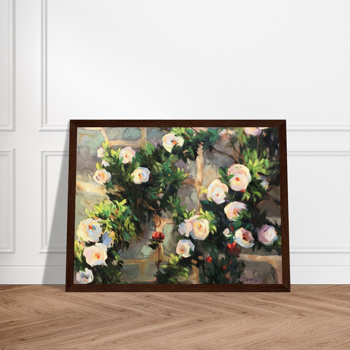 ‘Vining White Roses’ Floral | 12x16 inch Wooden Framed Art Print | Original Artwork by American Artist Barbara Cleary