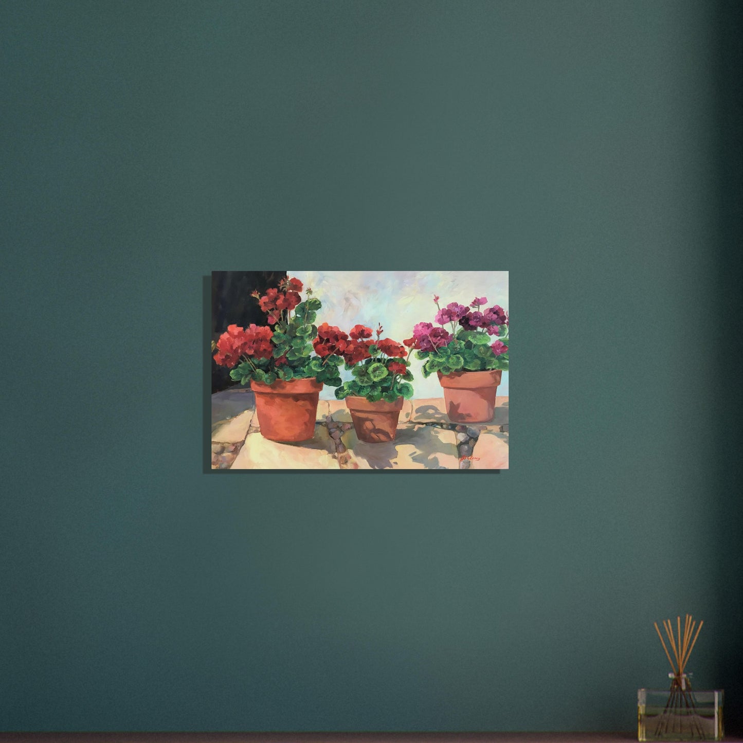 'Potted Red Geraniums Series 1' Floral I 16x24 Museum-Quality Matte Paper Poster I Original Artwork by American Artist Barbara Cleary