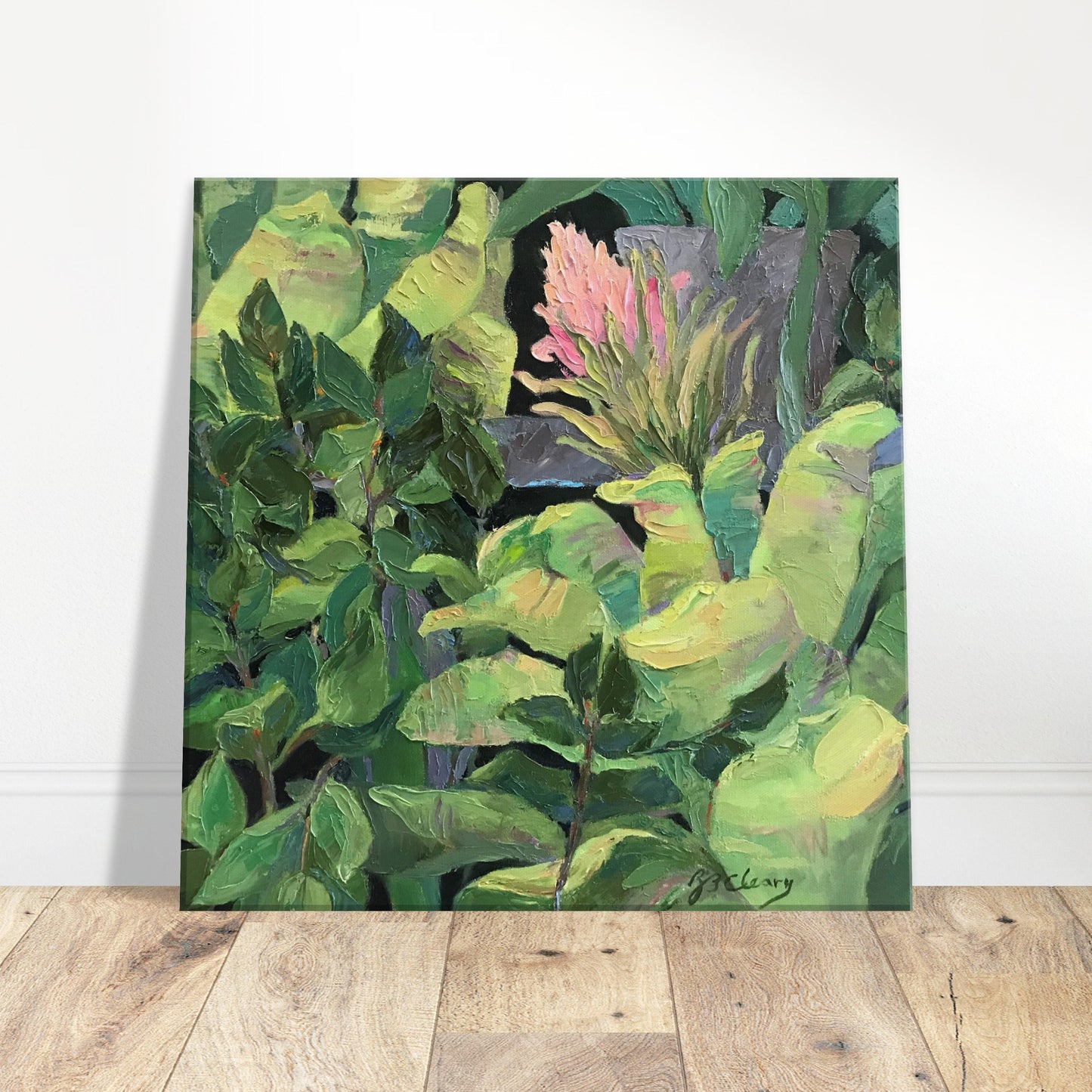 'Bromeliads' Pink and Green Floral I 16x16 inch Art Print on Canvas I Original Artwork by American Artist Barbara Cleary