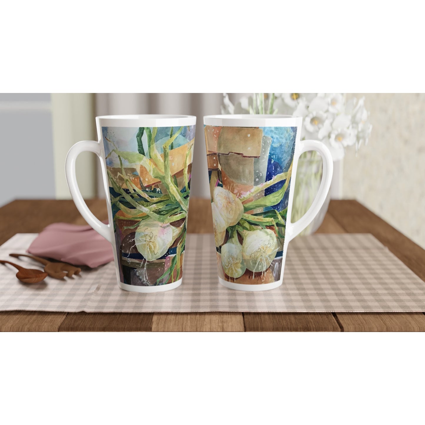 17oz White Ceramic Latte Mug | Coffee Cup with 'Onions' Watercolor Artwork by American Artist Barbara Cleary